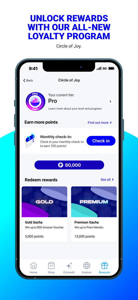 Circles Life app interface showing the Circle of Joy loyalty program rewards and points