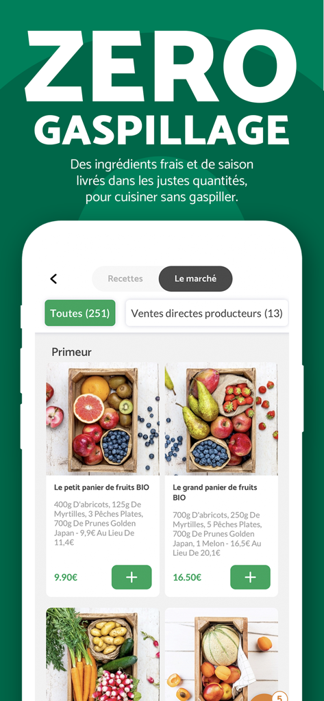 Quitoque : box repas maison - Quitoque app interface showing the marketplace section with fresh organic fruit and vegetable baskets under a Zero Waste banner