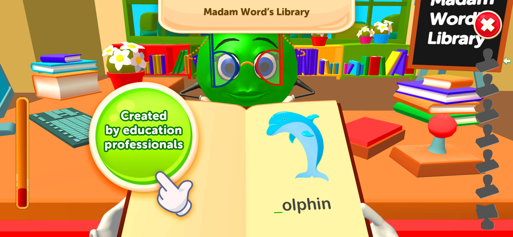 Juego de ortografía educativa en la Biblioteca de Madam Word centrado en la diferenciación de letras.