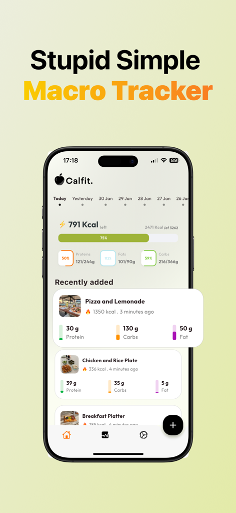 See How You Eat - Food Diary - CalFit mobile app dashboard showing calorie counting and macro tracking goals