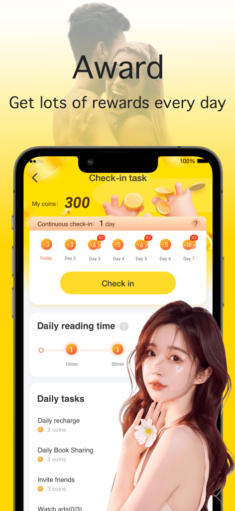 ReadMe:Fiction&GoodNovel - ReadMe app interface displaying daily check-in tasks and coin rewards for reading fiction