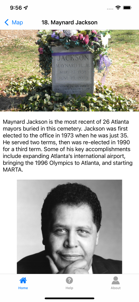 Atlanta's Oakland Cemetery - Historical tour page about Maynard Jackson featuring his grave site and portrait at Oakland Cemetery