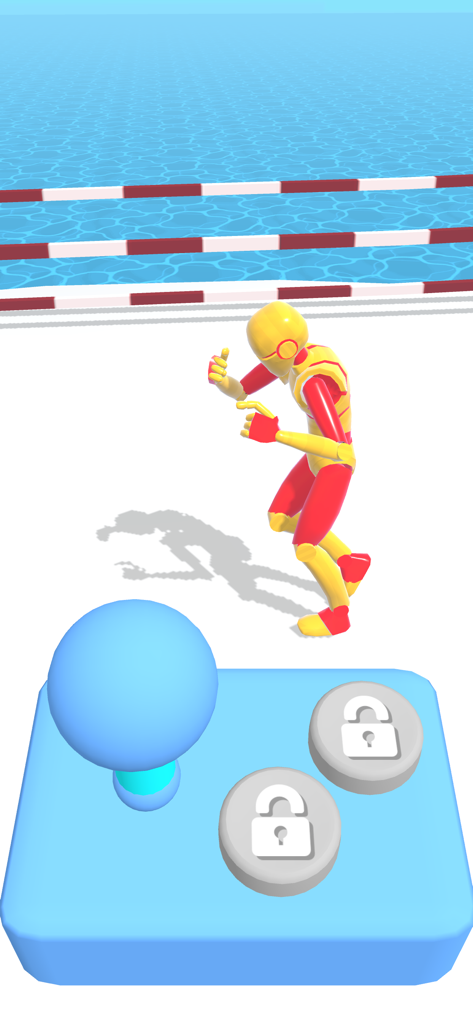 Ultimate Robot Merge - A yellow and red robot character standing in a combat arena with a blue joystick controller in the foreground