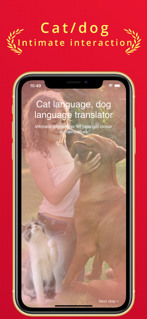 Introductory screen for the Dog and Cat translator app featuring a girl with a dog and cat.