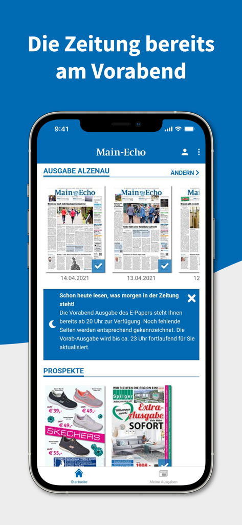 Main-Echo E-PAPER app on a smartphone displaying digital newspaper editions and early release notification