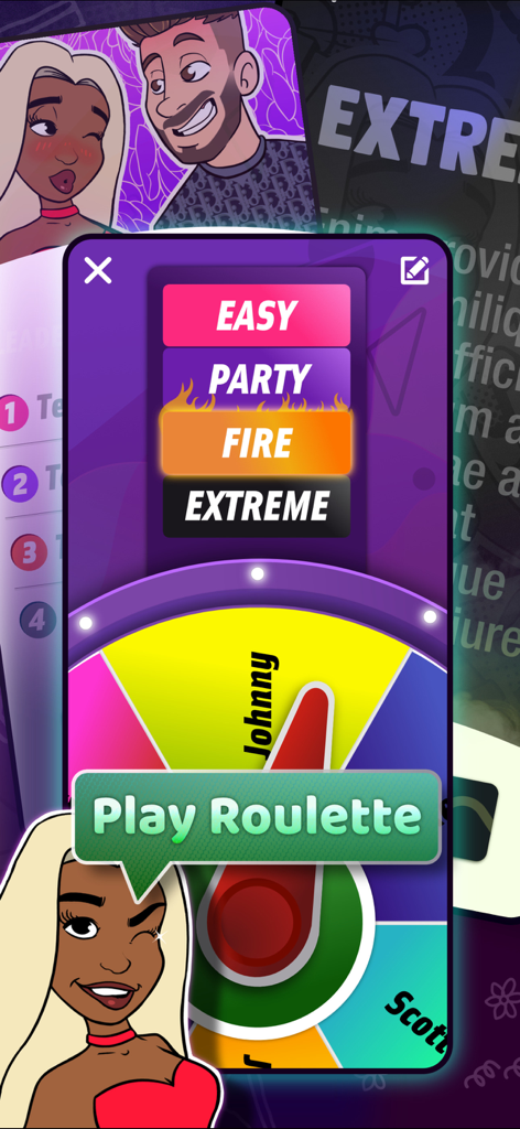 Partybus · Party Games - A mobile app interface for Partybus showing a name roulette wheel and game mode selections including Easy Party Fire and Extreme