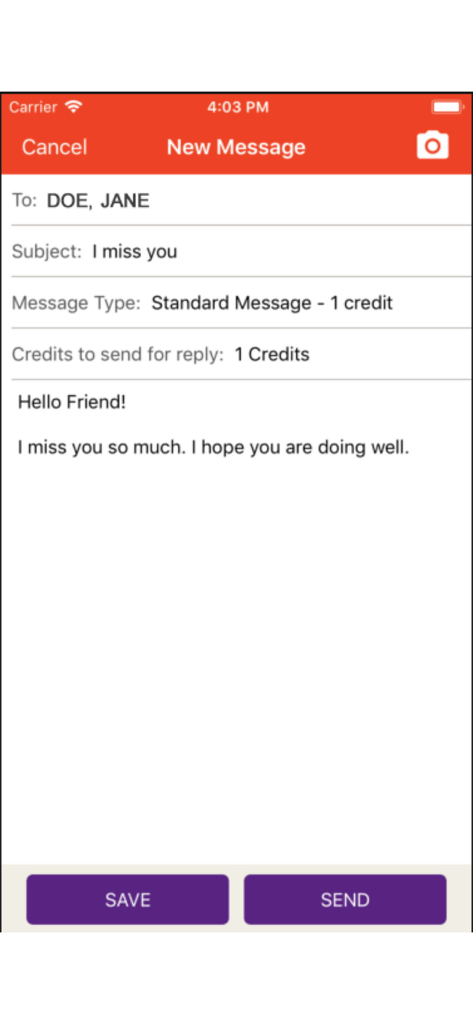 Screen for composing a new message to an incarcerated loved one in the ConnectNetwork app