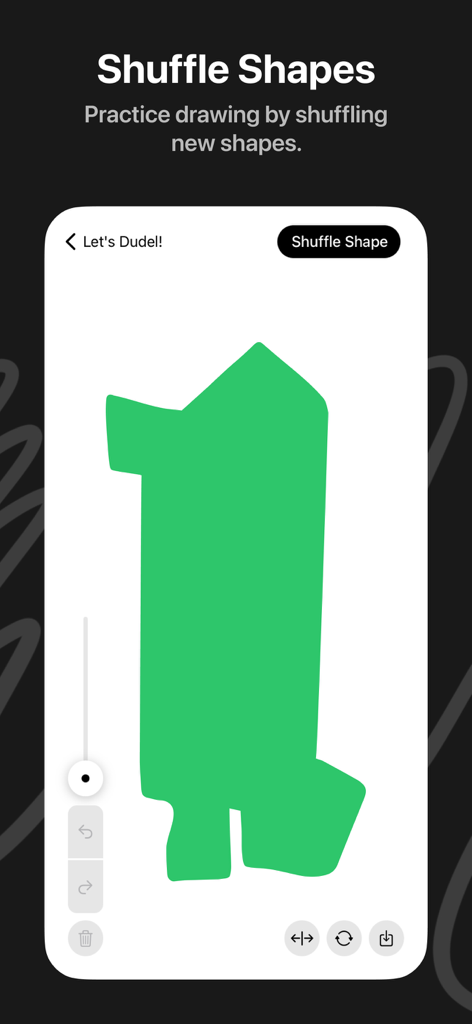 Dudel Draw App-Oberfläche, die die Funktion 'Formen mischen' mit einer grünen abstrakten Form auf einer weißen Zeichenfläche zeigt.