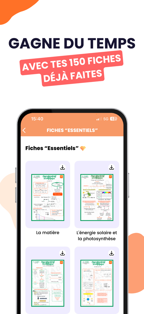 Brevet Bac Licence 2025 Nomad - Écran de l'application Nomad Éducation affichant des fiches d'étude téléchargeables pour les examens scolaires français.