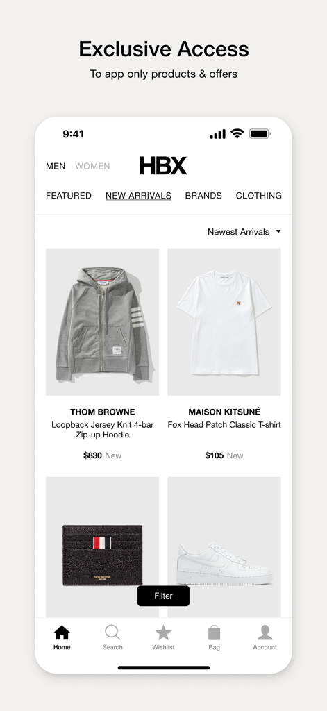 HBX | Globally Curated Fashion - L'interface de l'application mobile HBX présente une sélection de nouveautés de marques de luxe telles que Thom Browne et Maison Kitsuné.
