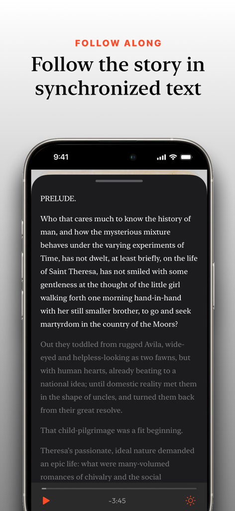 Opus Classics app interface featuring synchronized text for an immersive reading and listening experience