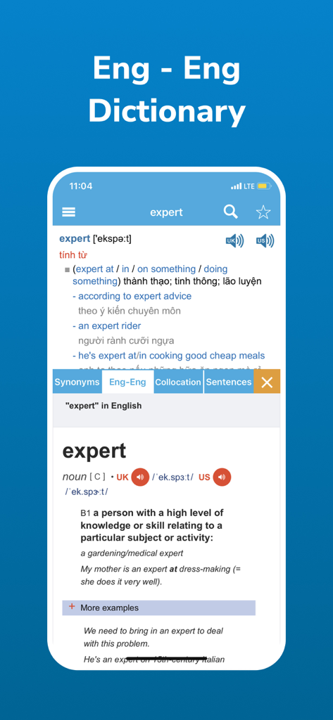 English to English dictionary definition screen for the word expert in ProDict