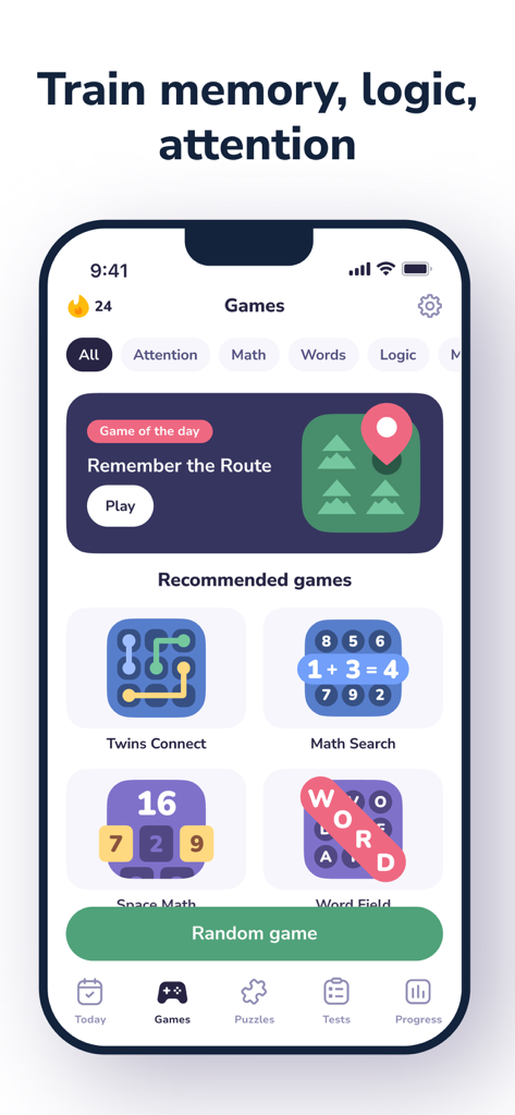 Interface do aplicativo BrainSpot exibindo uma variedade de jogos de treinamento cerebral, incluindo matemática, busca e quebra-cabeças de memória.