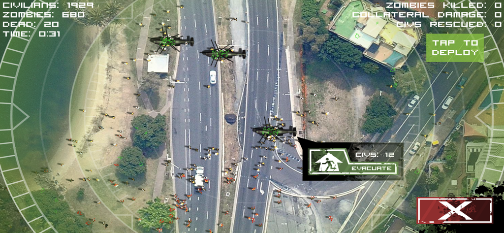 Zombie Outbreak Simulator - Top down satellite view of a tactical zombie outbreak simulation with military helicopters over a road