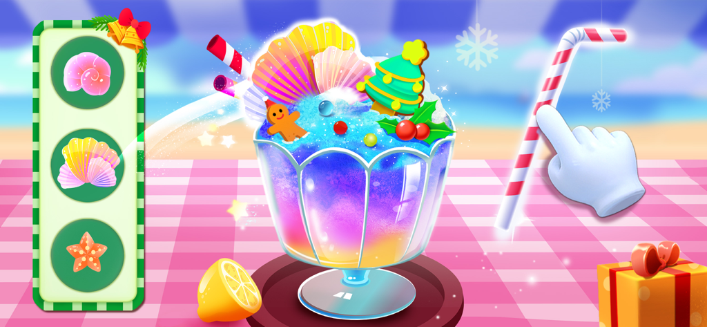 A creative dessert with shells and Christmas decorations in Baby Panda's Ice Cream Truck