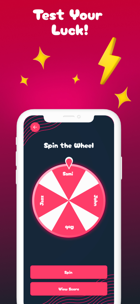 Truth or Dare? ⋆ Dirty Date - A mobile app screenshot showing a spin the wheel game feature for Truth or Dare with names like Sami, John, Rob, and Jazz.