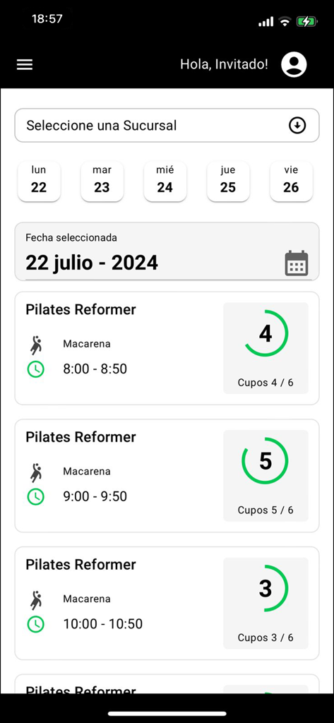 Espacio Pilates - Espacio Pilates mobile app screen displaying a list of available Pilates Reformer classes with times and instructor names