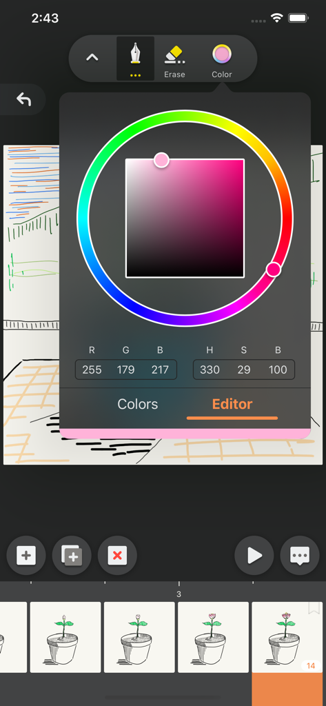 MotionBook - Draw & Animate - Interface of MotionBook app showing a color picker wheel and drawing tools above an animation frame timeline.