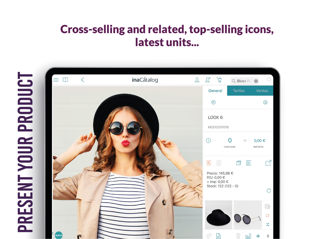 iPad screenshot of inaCátalog showing a digital product presentation with cross-selling features and inventory data