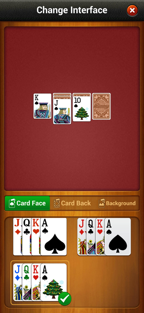 Menú de personalización de interfaz en la app Gin Rummy mostrando diferentes opciones de caras de cartas