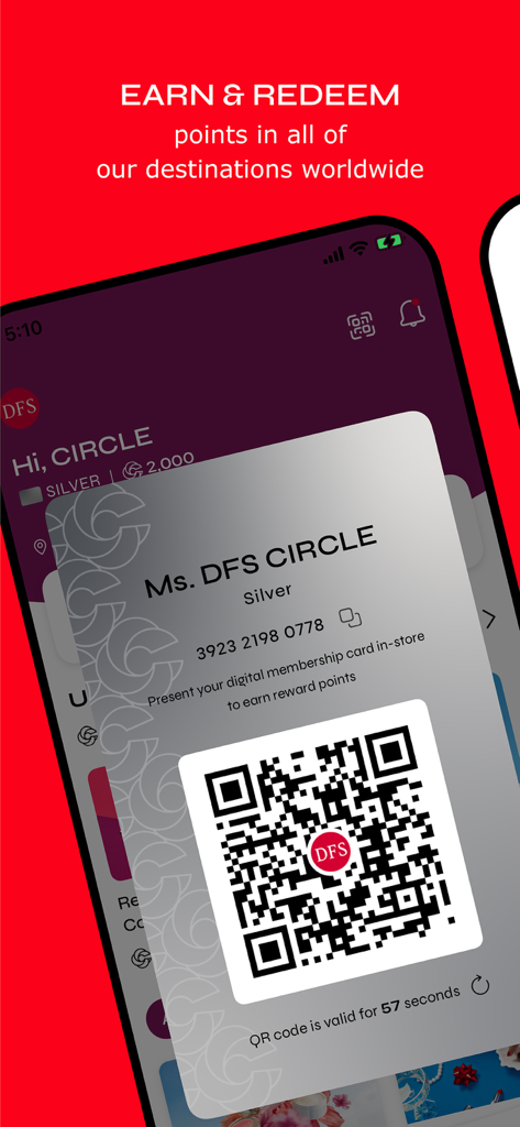 DFS CIRCLE - Digital membership card in the DFS CIRCLE app featuring a QR code for points redemption