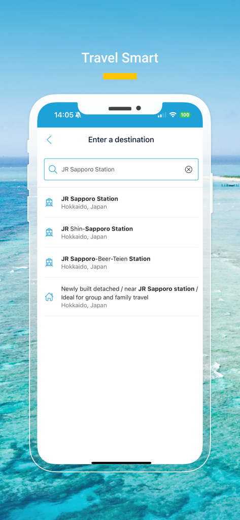 AsiaYo app search screen showing accommodation listings near JR Sapporo Station in Hokkaido Japan