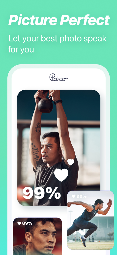 Paktor Dating App: Chat & Meet - Schermata dell'app di incontri Paktor che mostra la funzione di valutazione delle foto profilo con percentuali di match e icone a forma di cuore.