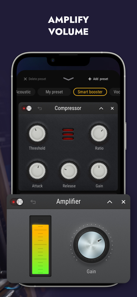 Una pantalla de smartphone que muestra la configuración del amplificador de volumen, incluyendo un compresor y un amplificador con diales ajustables.