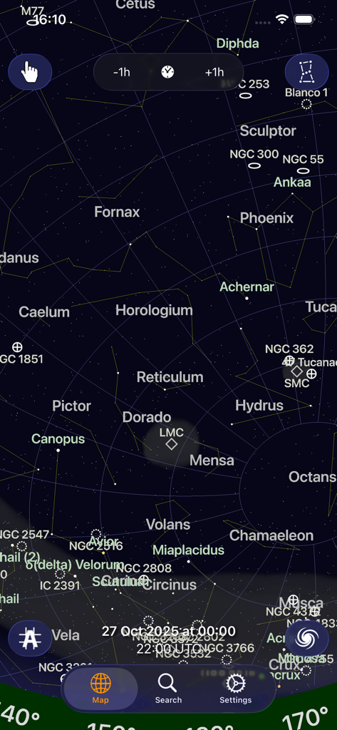 Planisphere - Planisphere mobile app interface displaying a detailed star map with constellation names and celestial objects.