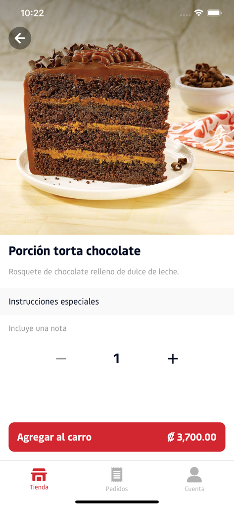 Spoon CR - Spoon CR mobile app screen displaying a slice of chocolate cake with price and add to cart button