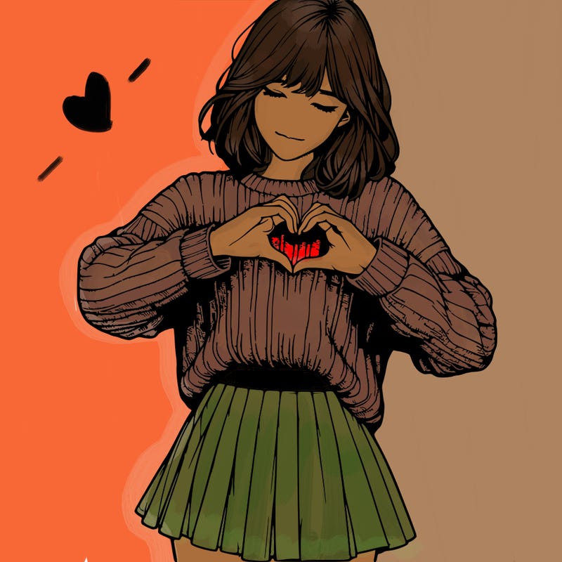 realistic girl in sweater and skirt making a heart with her hands
