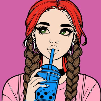 realistic girl with braided hair drinking boba