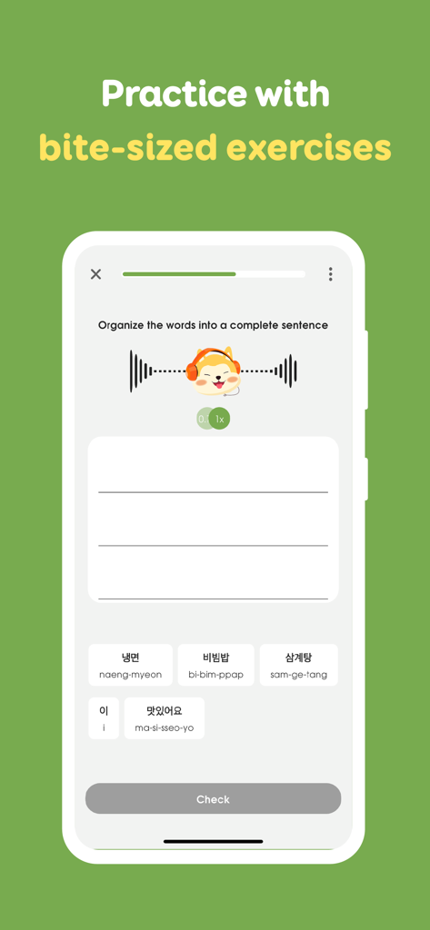 Learn Korean, Hangul: HeyKorea - Ein mobiler Bildschirm aus der HeyKorea-App mit einer kurzen Übung zum Ordnen koreanischer Wörter zu einem vollständigen Satz.