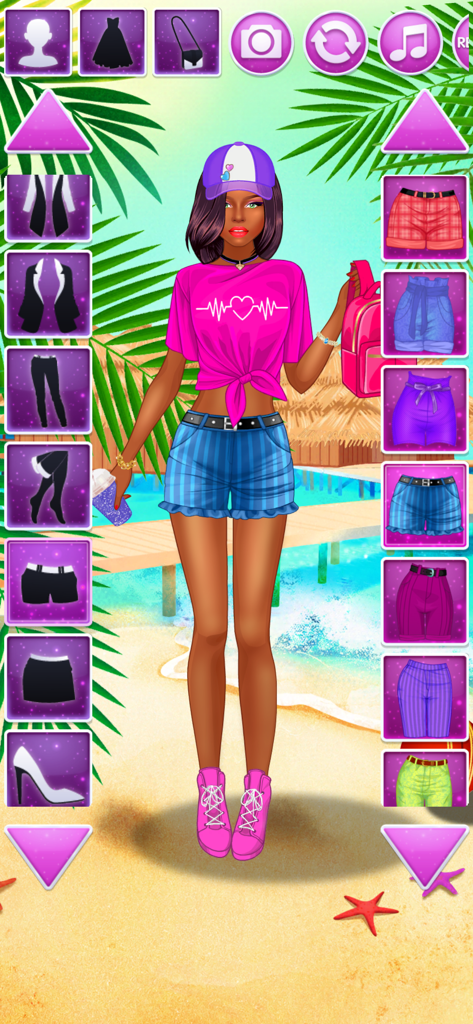 Dress Up Games: Fashion Girl - A fashion doll in a pink crop top and denim shorts on a tropical beach background with clothing customization menus