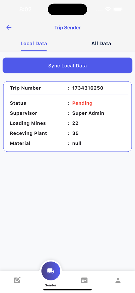 Terra Track - Captura de pantalla de la aplicación móvil Terra Track mostrando datos locales del remitente del viaje y botón de sincronización