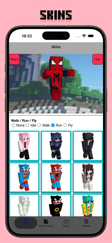 Skins for Minecraft - Skinseed - Interface of the Skinseed app showing a 3D preview of a Minecraft skin with animation options and a gallery of various character skins.