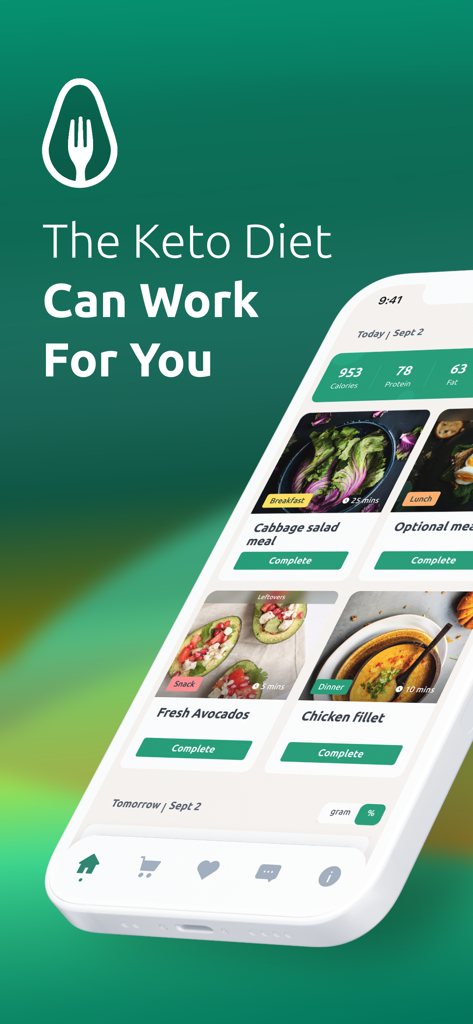 Interface do contador de macros do Keto Diet App mostrando planos de refeições diários em um iPhone.