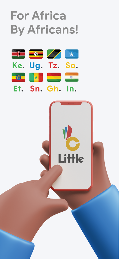 Little Ride - Smartphone screen showing Little Ride logo and flags of supported countries in Africa and India
