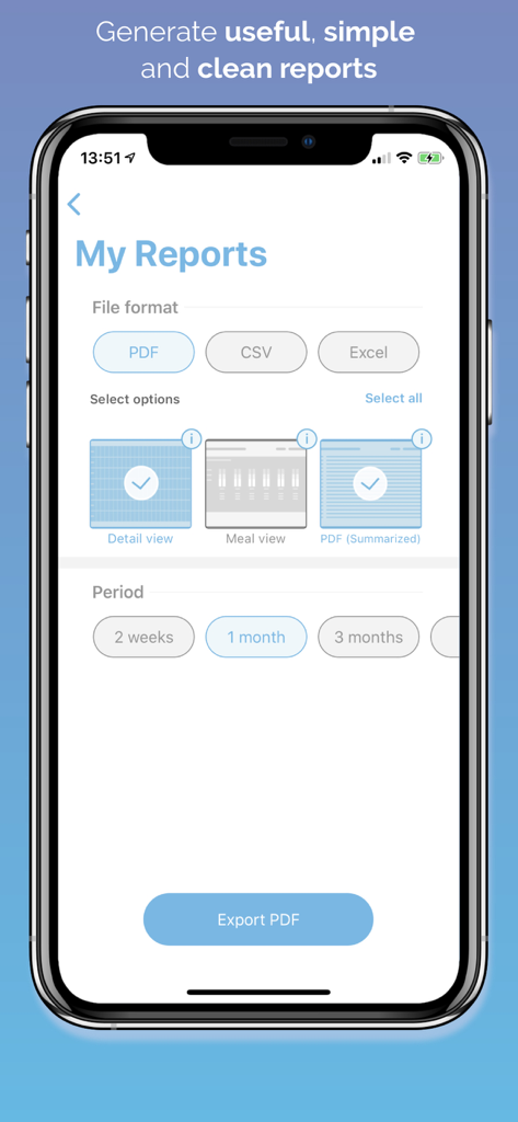 Interfaccia dell'app SocialDiabetes che mostra le opzioni per esportare report sanitari in formato PDF, CSV ed Excel