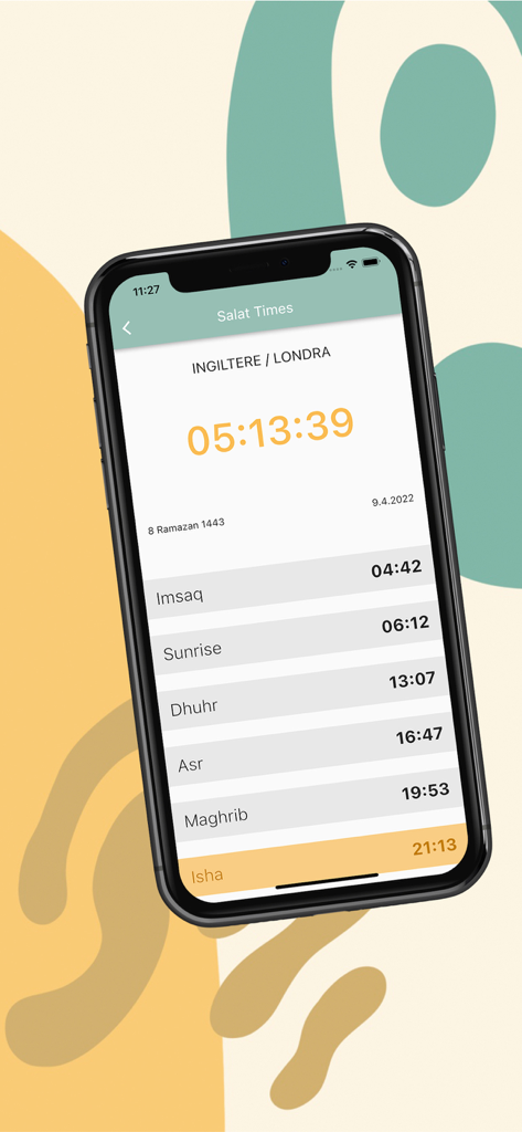 5te5 Prayer Tracker mobile app interface displaying daily Salat times and a prayer countdown