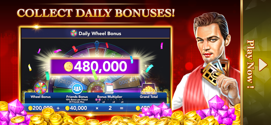 A promotional screen for Double Win Vegas Casino Slots showing a daily wheel bonus win of 480,000 coins and a character holding cards.