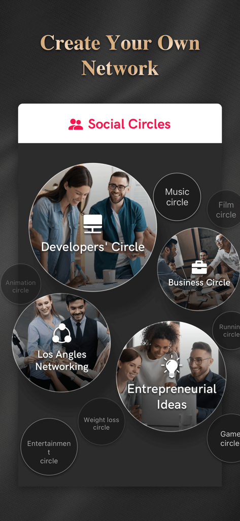 Luxy PRO app interface showcasing exclusive social and professional networking circles for elite users.