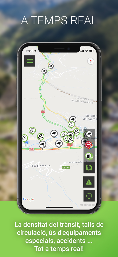Mobilitat Andorra - Tela do smartphone exibindo o aplicativo Mobilitat Andorra com um mapa de estrada em tempo real incluindo câmeras de tráfego e alertas de incidentes
