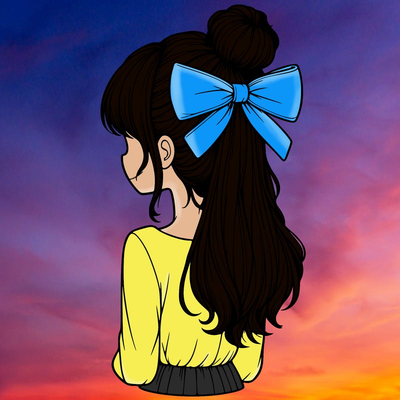 realistic girl  with hip length hair a bun and a big bow on the back of head