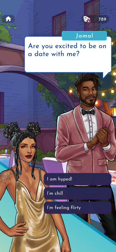 Uma cena de diálogo em Love Island The Game onde o jogador escolhe uma resposta durante um encontro com Jamal.