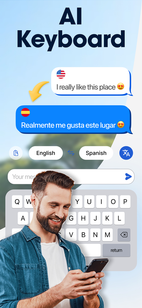 Eine Person, die die KI-Tastatur in der Translate Go App verwendet, um eine Chat-Nachricht von Englisch nach Spanisch zu übersetzen.