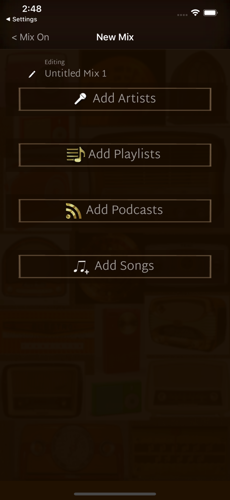 Mix On Lite - Interfaz de la aplicación Mix On Lite para crear una nueva mezcla de audio con opciones para agregar artistas, listas de reproducción, podcasts y canciones