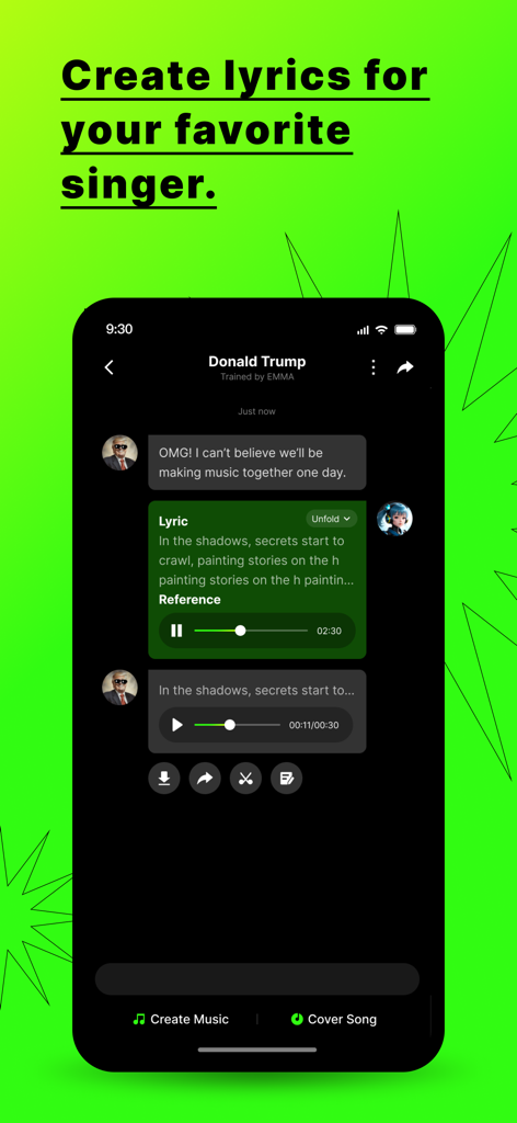 YourArtist.AI - AICover & Chat - YourArtist.AI mobile interface showing a chat with an AI voice to create and play song lyrics.