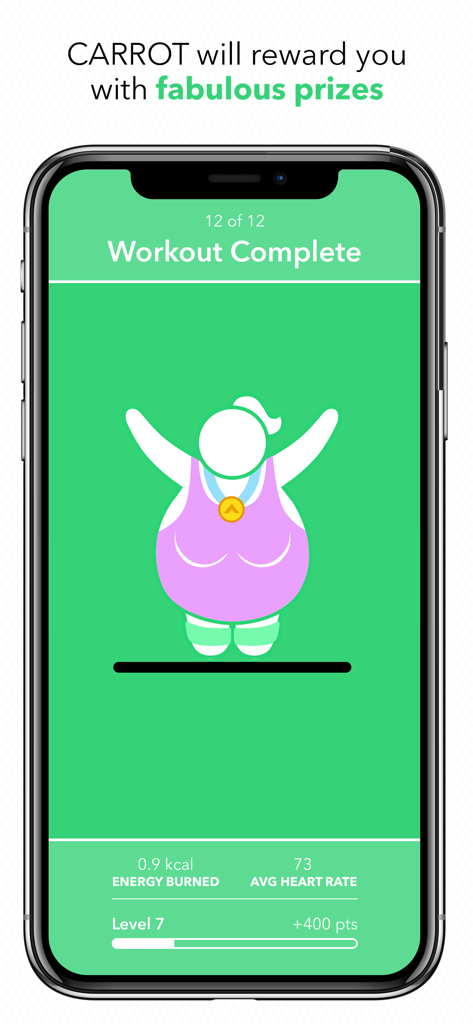 CARROT Fit - Captura de pantalla de la aplicación CARROT Fit que muestra un entrenamiento completado con estadísticas y un avatar recompensado con una medalla.