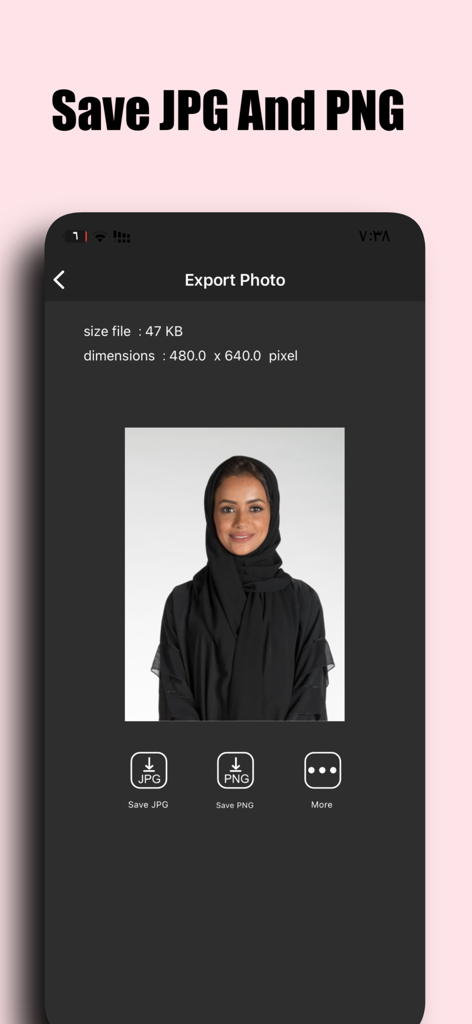 Size Image - Export screen of the Size Image app showing options to save a resized photo as JPG or PNG